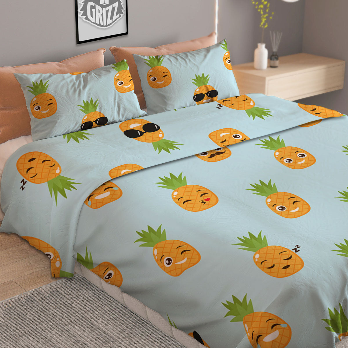 Emoji Pineapple Print Pattern Duvet Cover Bedding Set