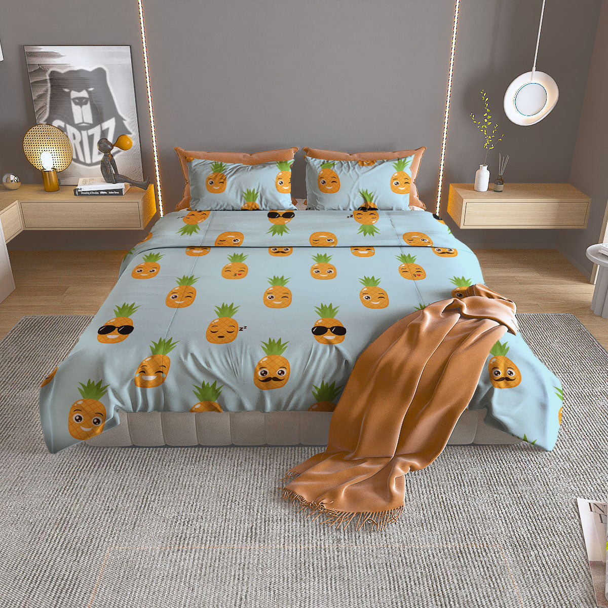Emoji Pineapple Print Pattern Duvet Cover Bedding Set
