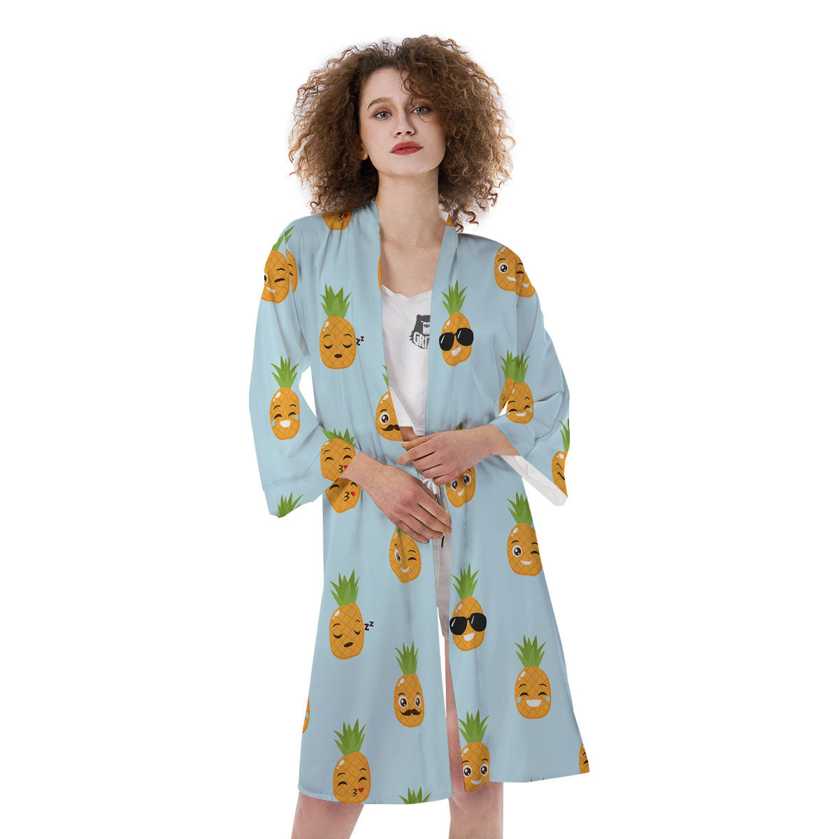 Emoji Pineapple Print Pattern Kimono-grizzshop