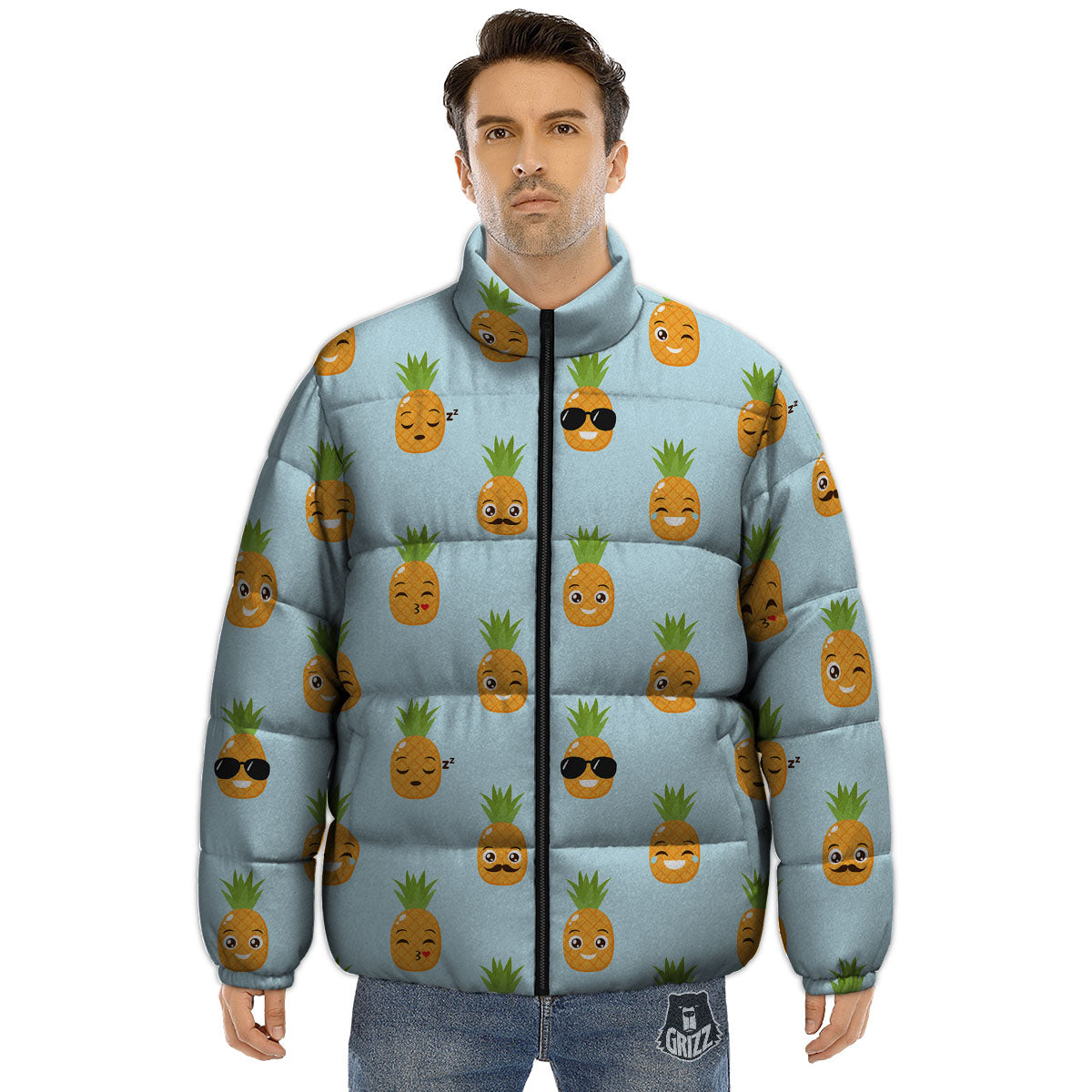 Emoji Pineapple Print Pattern Puffer Jacket-grizzshop