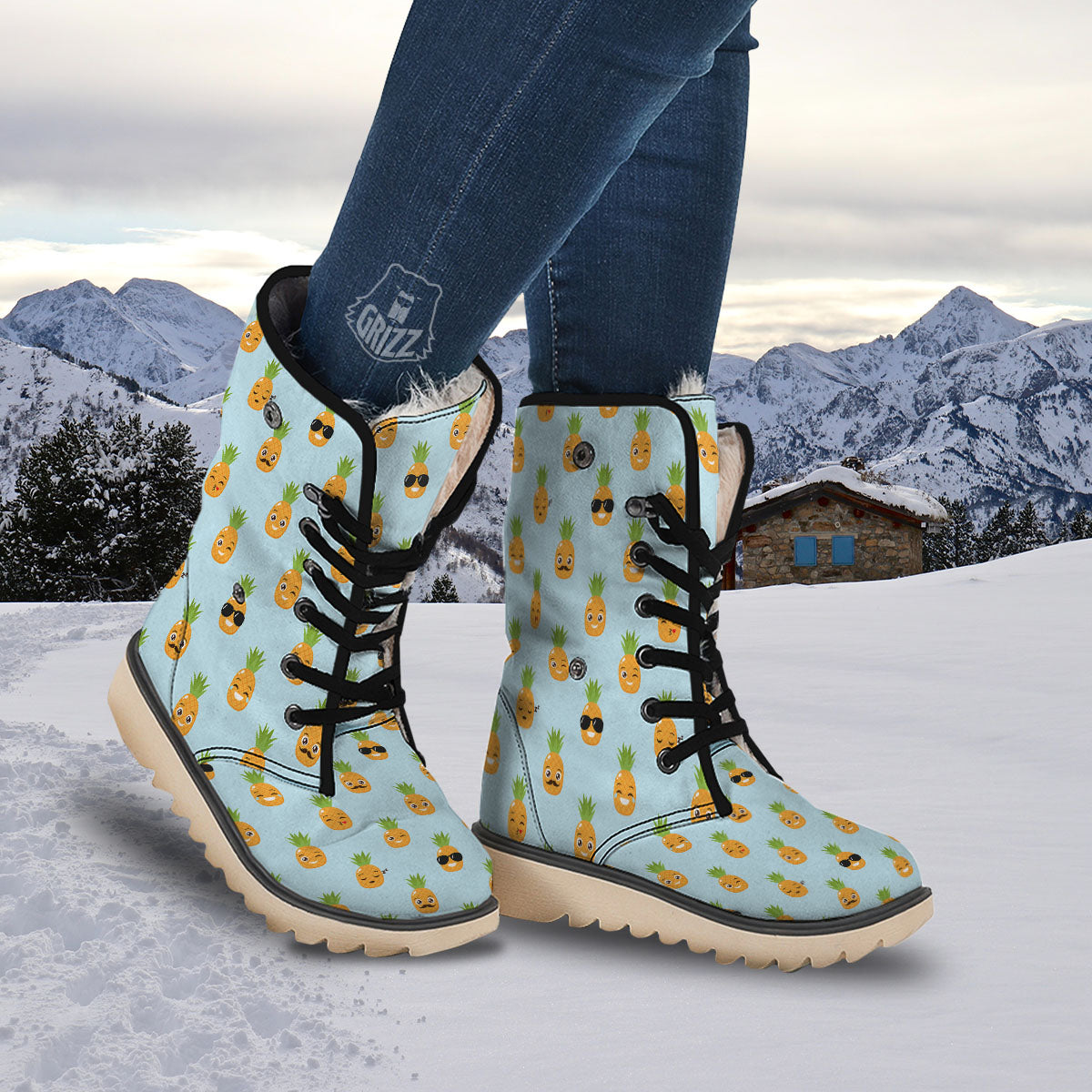 Emoji Pineapple Print Pattern Snow Boots-grizzshop