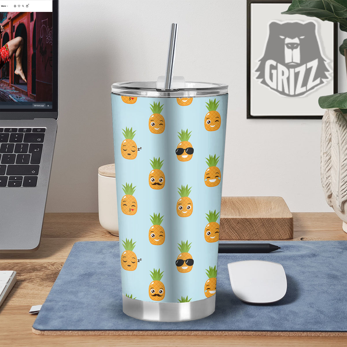 Emoji Pineapple Print Pattern Tumbler-grizzshop