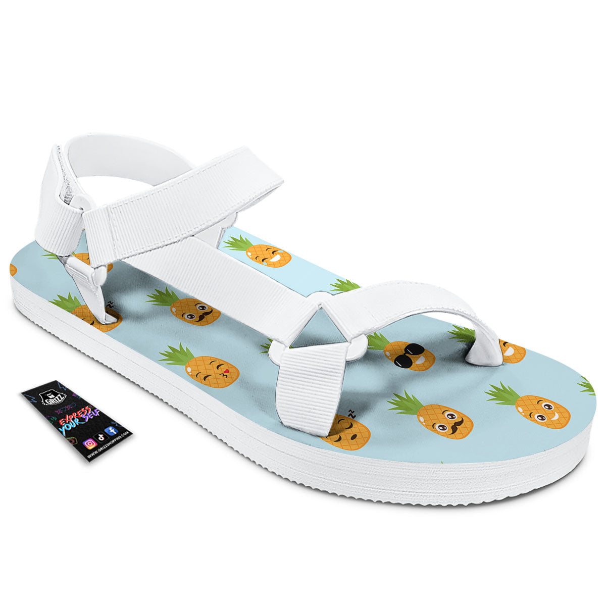 Emoji Pineapple Print Pattern White Open Toe Sandals-grizzshop