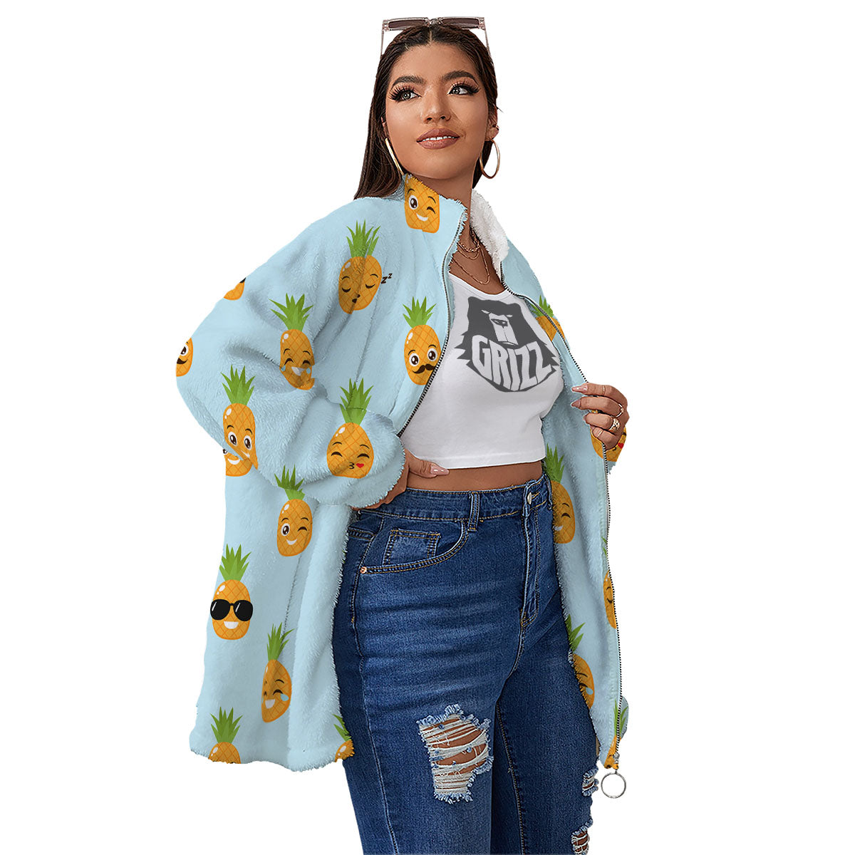 Emoji Pineapple Print Pattern Women's Sherpa Jacket-grizzshop