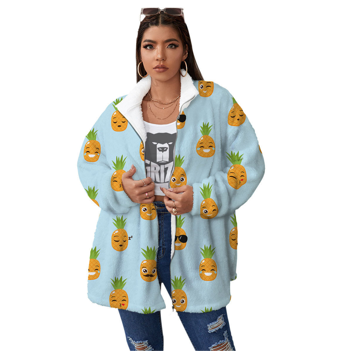 Emoji Pineapple Print Pattern Women's Sherpa Jacket-grizzshop