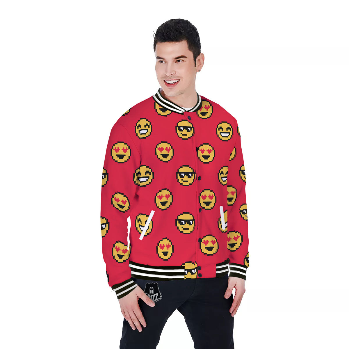 Emoji Pixel Print Pattern Baseball Jacket-grizzshop