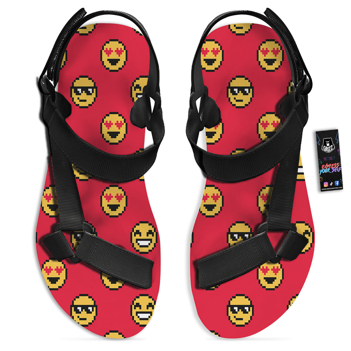 Emoji Pixel Print Pattern Black Open Toe Sandals-grizzshop