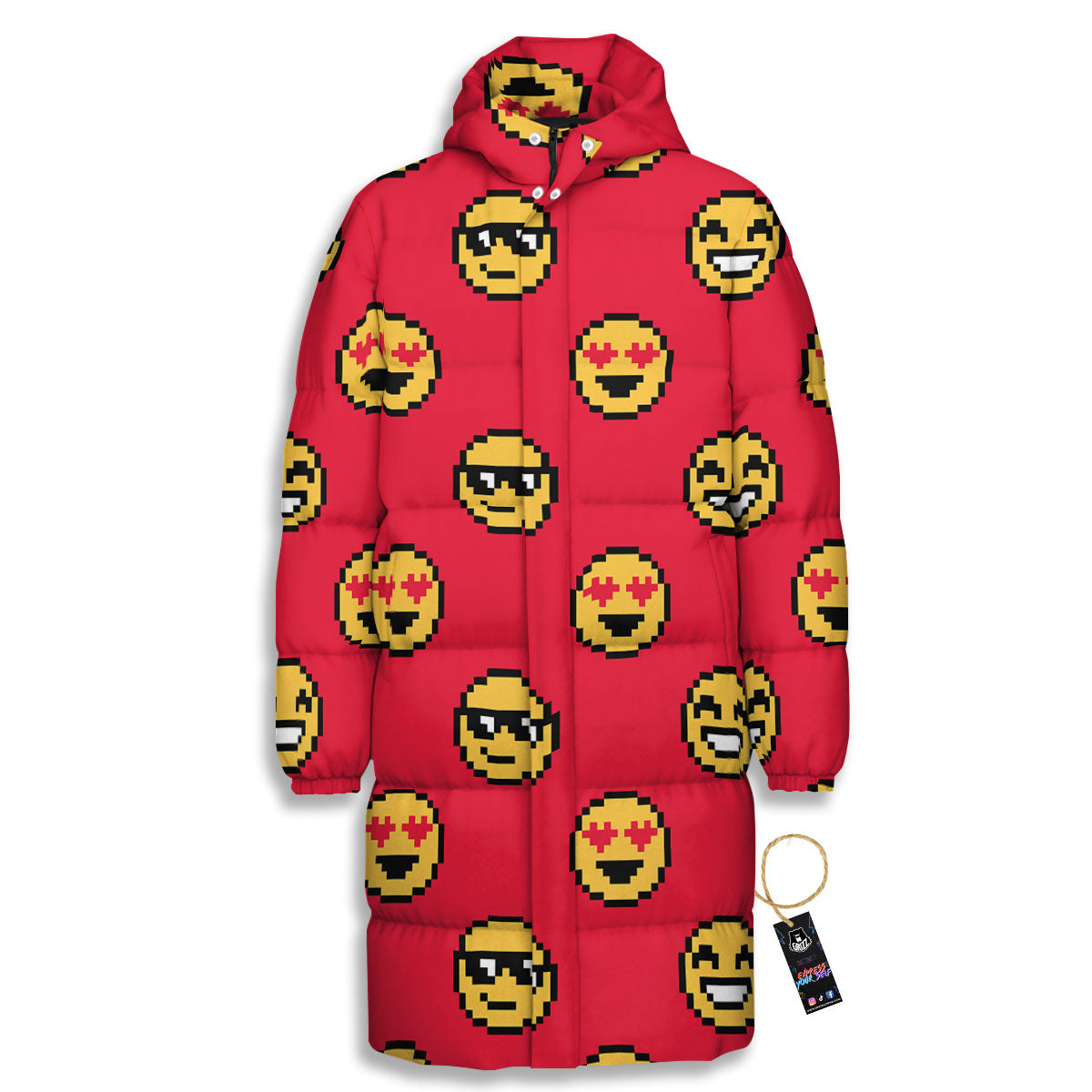 Emoji Pixel Print Pattern Long Down Jacket-grizzshop