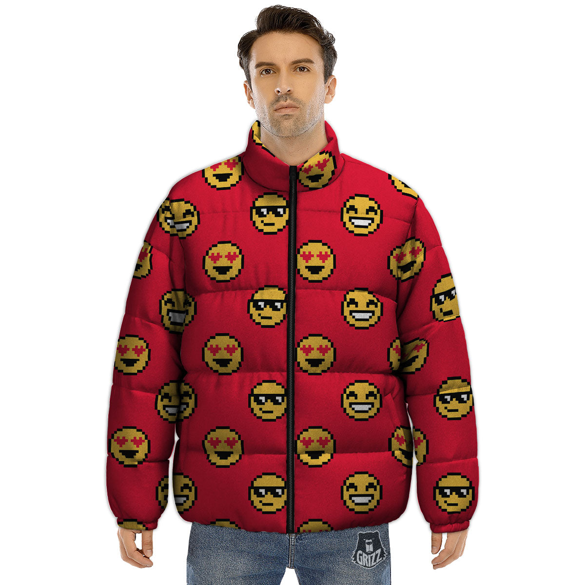 Emoji Pixel Print Pattern Puffer Jacket-grizzshop
