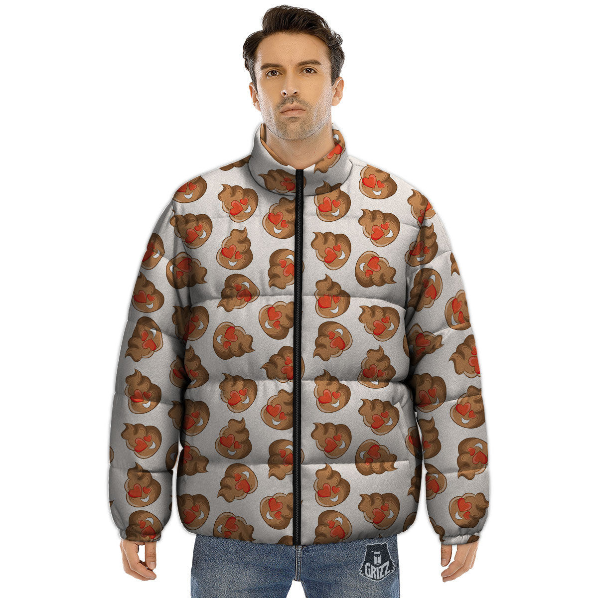 Emoji Poop Print Pattern Puffer Jacket-grizzshop