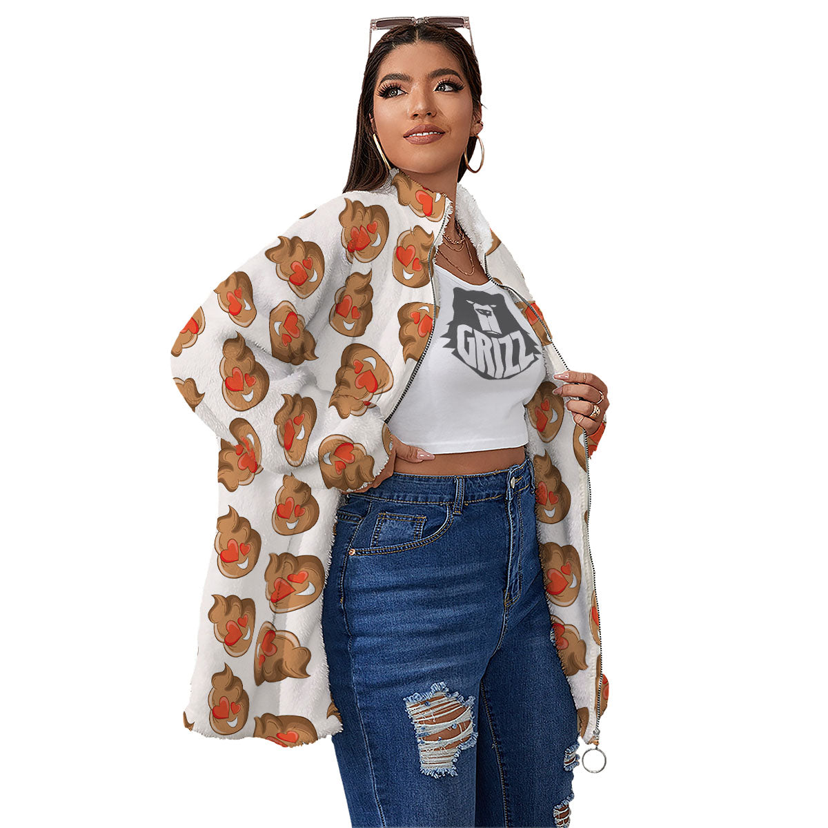 Emoji Poop Print Pattern Women's Sherpa Jacket-grizzshop