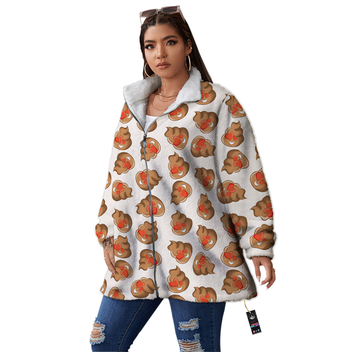 Emoji Poop Print Pattern Women's Sherpa Jacket-grizzshop