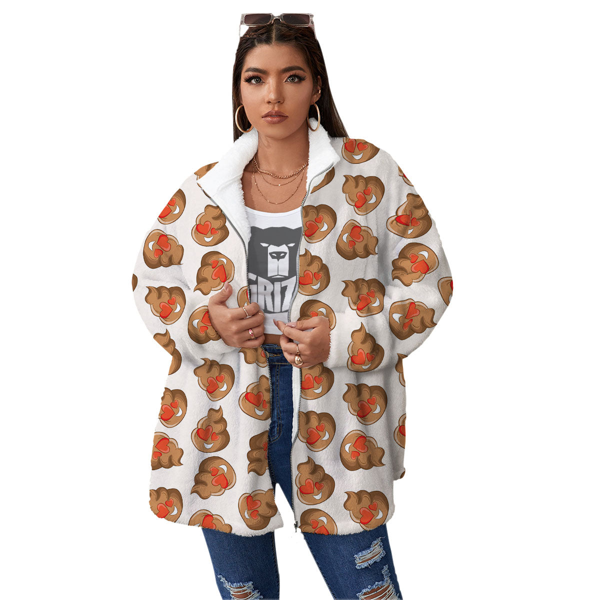 Emoji Poop Print Pattern Women's Sherpa Jacket-grizzshop