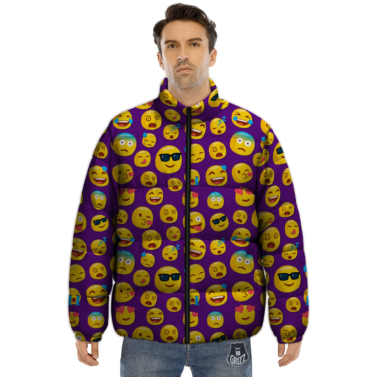 Emoji Purple Print Pattern Puffer Jacket-grizzshop