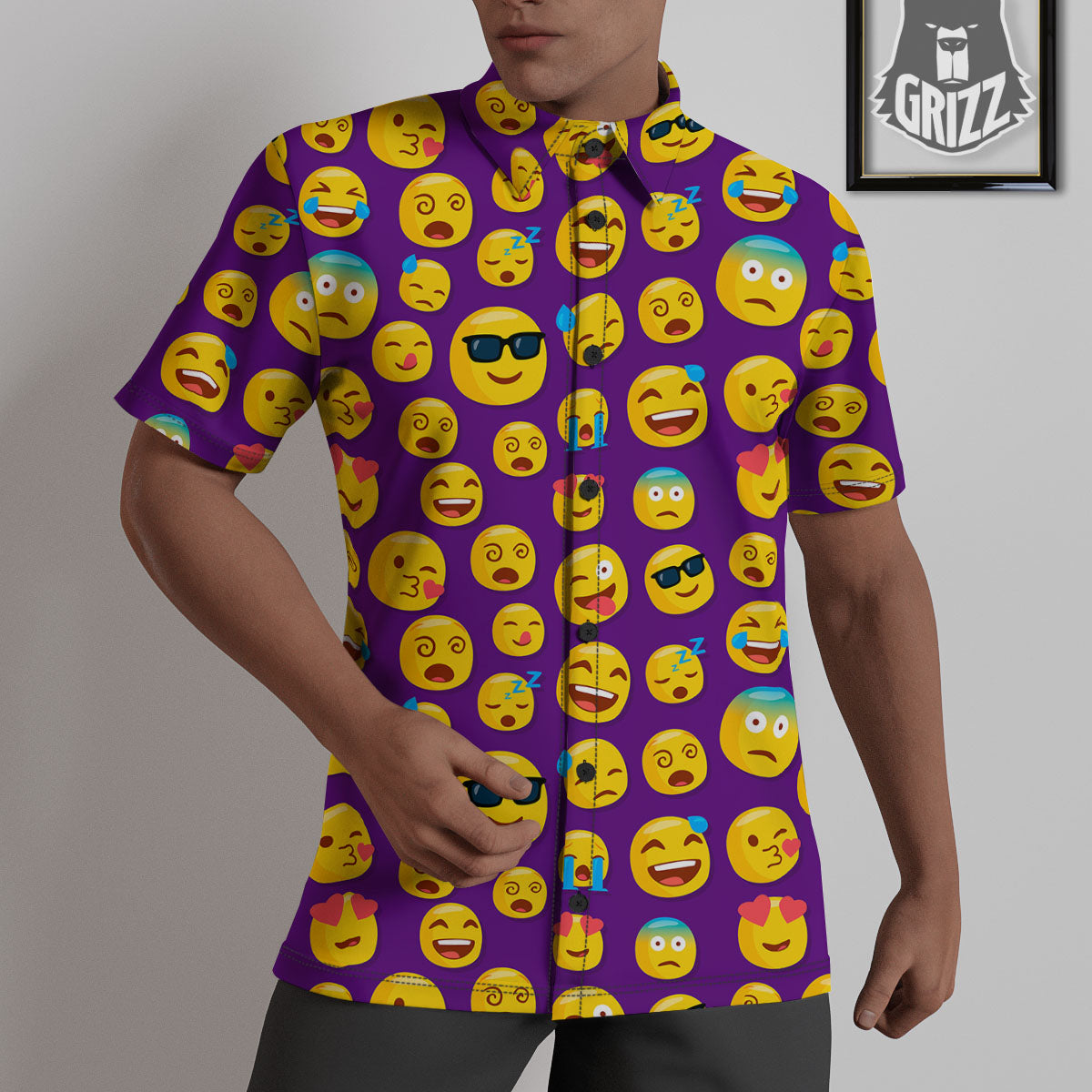 Emoji Purple Print Pattern Untucked Shirts-grizzshop