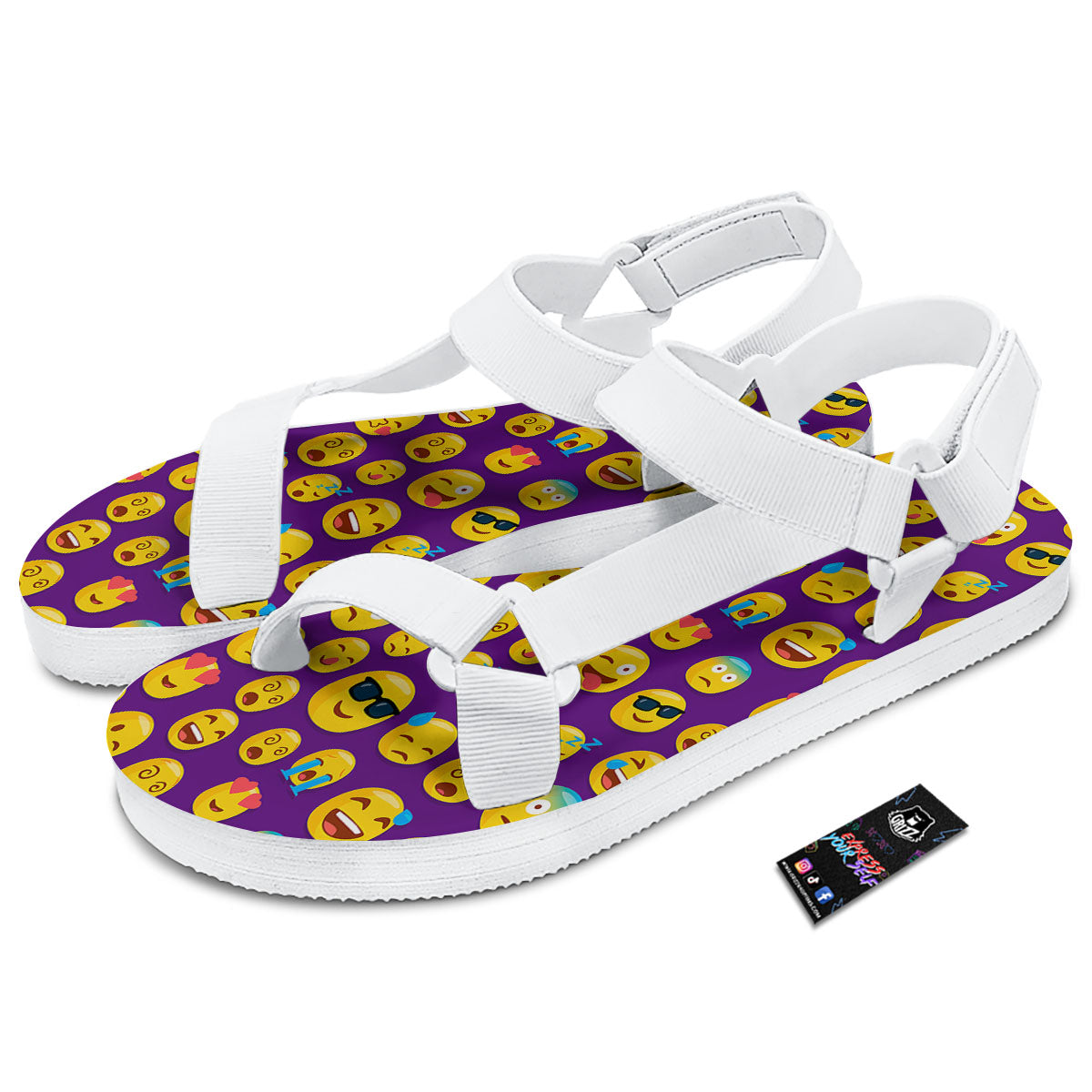 Emoji Purple Print Pattern White Open Toe Sandals-grizzshop