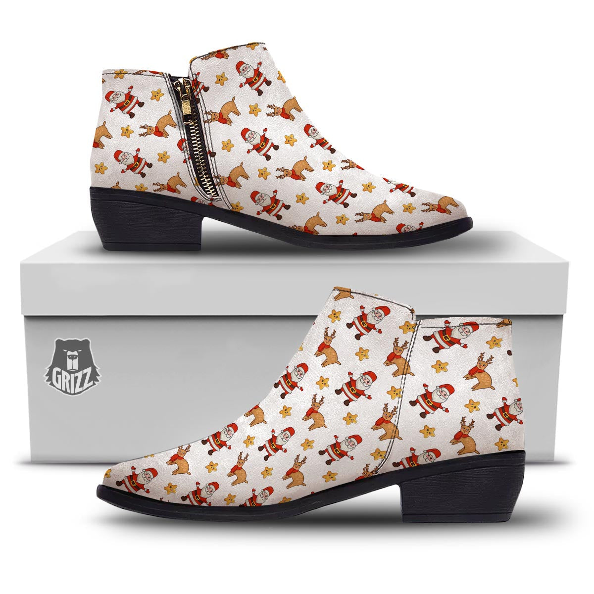 Emoji Reindeer And Santa Claus Print Pattern Ankle Boots-grizzshop