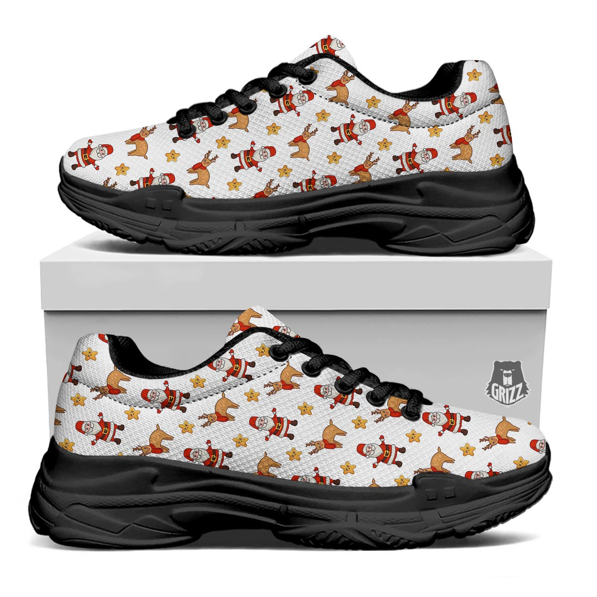 Emoji Reindeer And Santa Claus Print Pattern Black Chunky Shoes-grizzshop