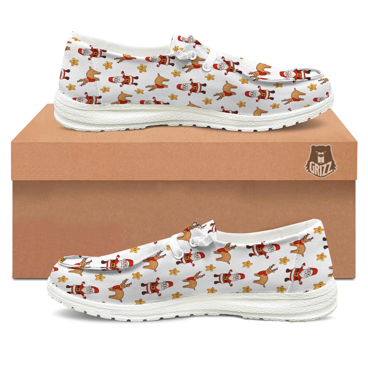Emoji Reindeer And Santa Claus Print Pattern Black Loafers-grizzshop