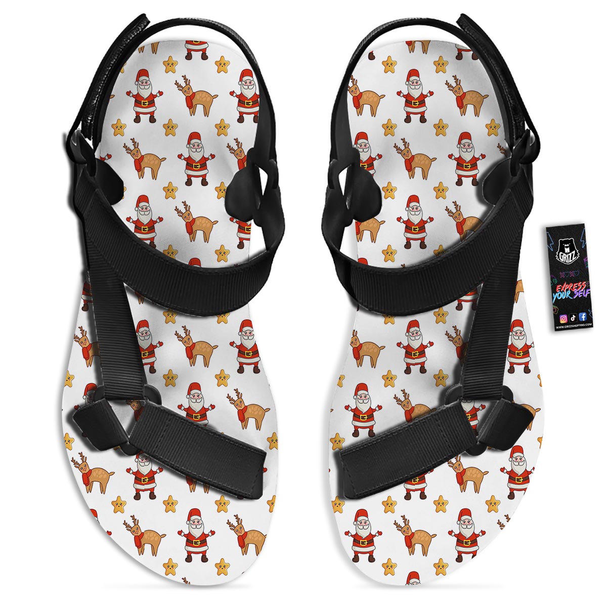 Emoji Reindeer And Santa Claus Print Pattern Black Open Toe Sandals-grizzshop