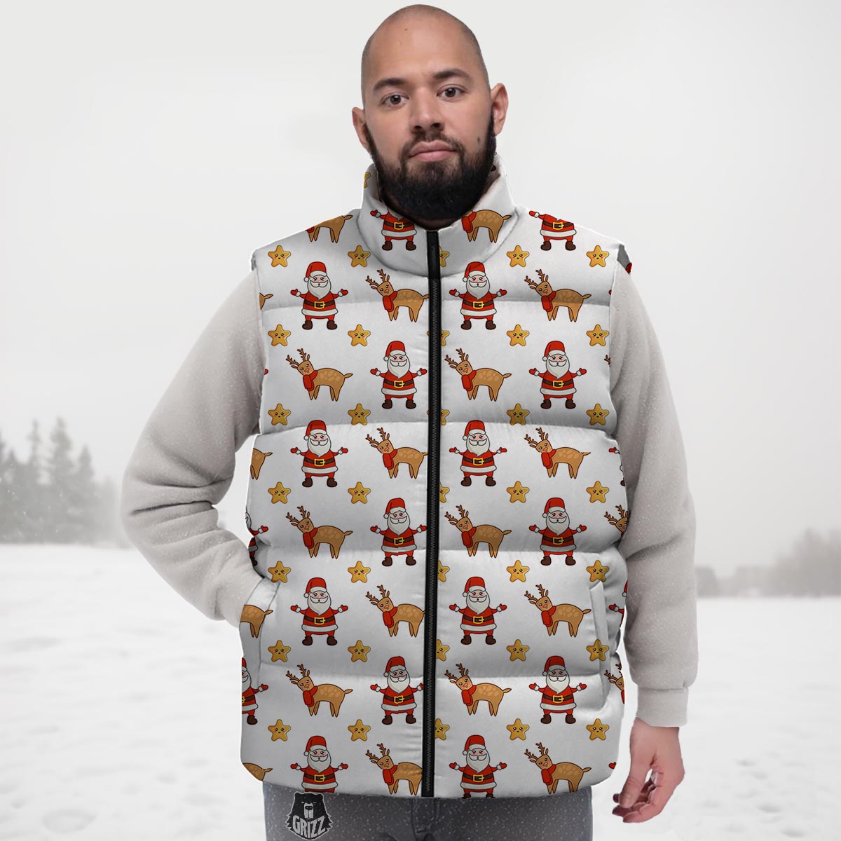 Emoji Reindeer And Santa Claus Print Pattern Down Vest