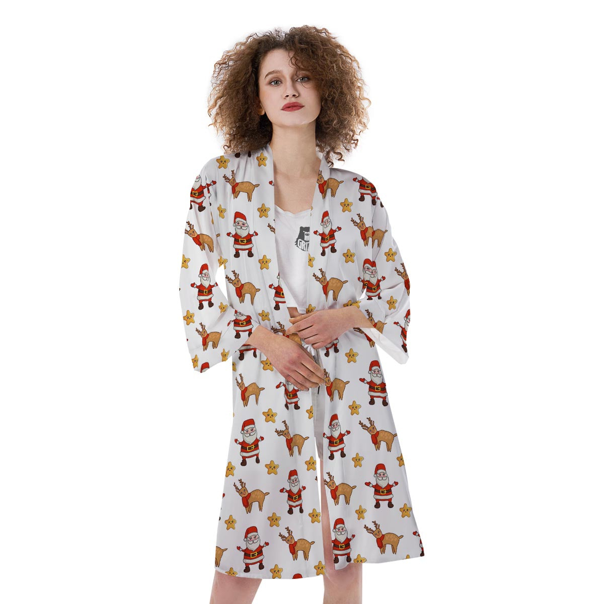Emoji Reindeer And Santa Claus Print Pattern Kimono-grizzshop