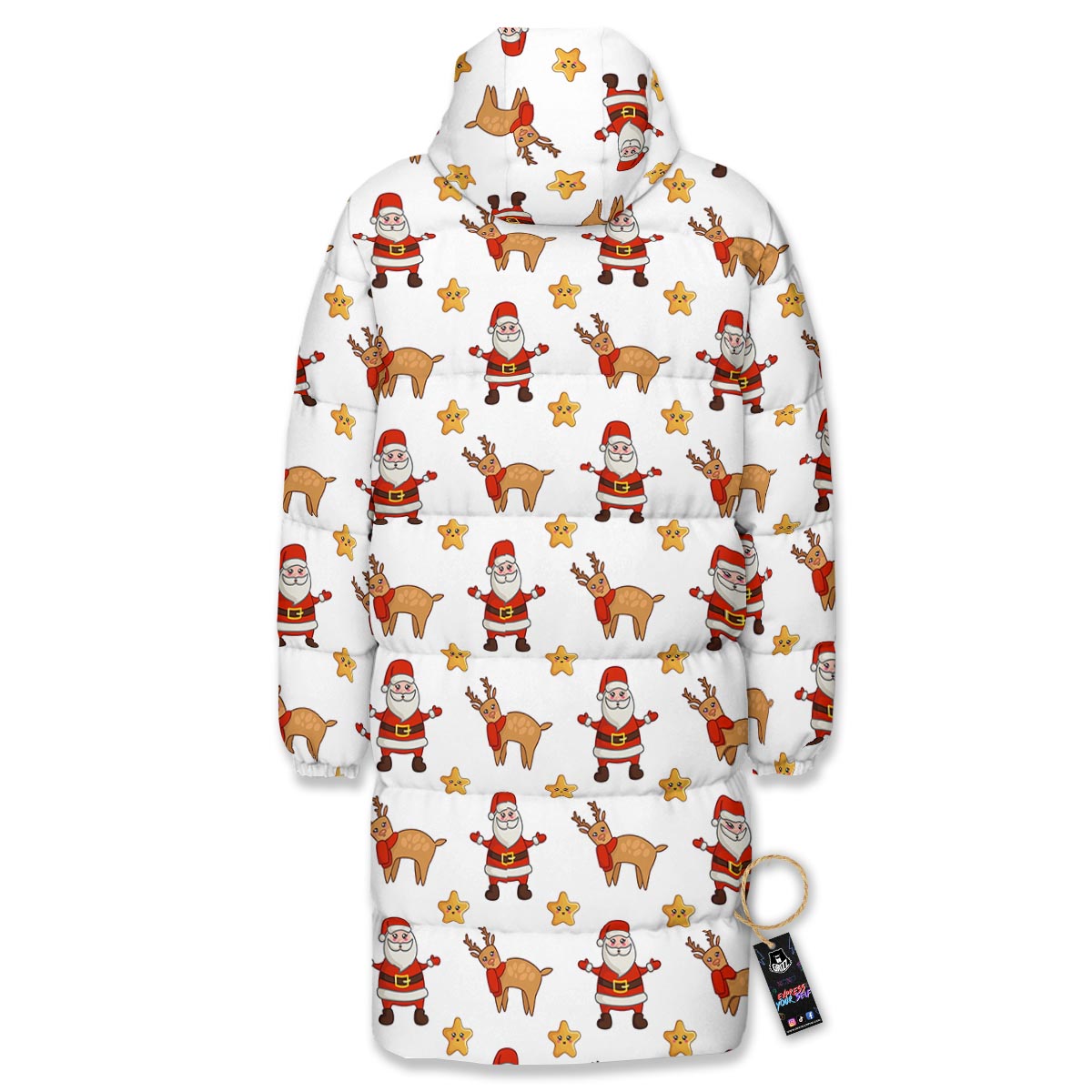 Emoji Reindeer And Santa Claus Print Pattern Long Down Jacket-grizzshop