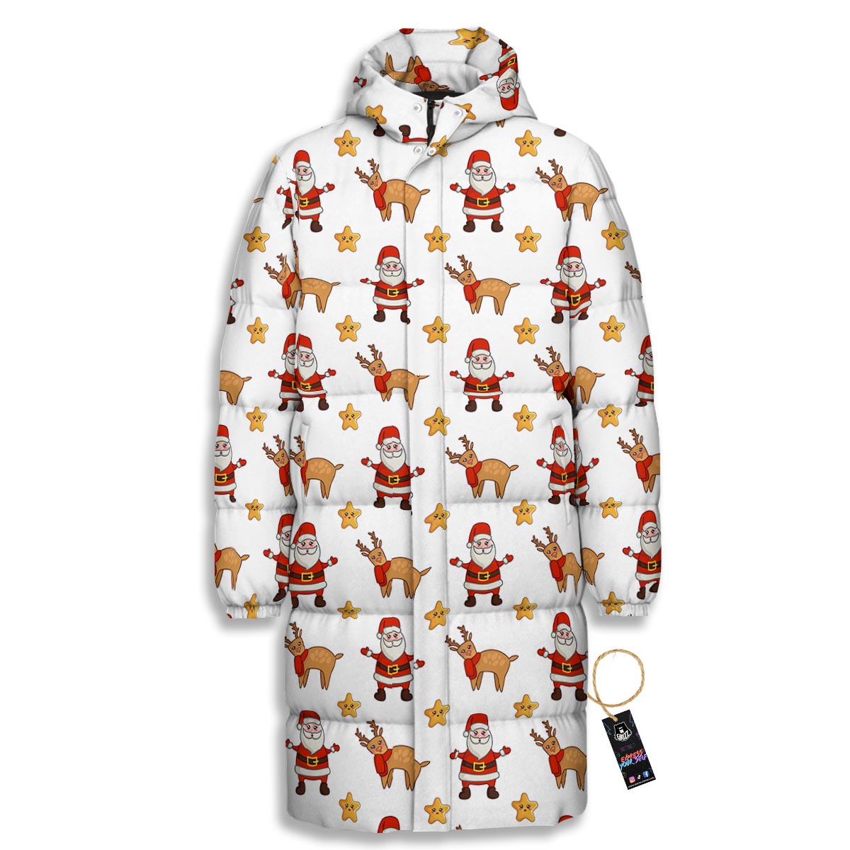 Emoji Reindeer And Santa Claus Print Pattern Long Down Jacket-grizzshop