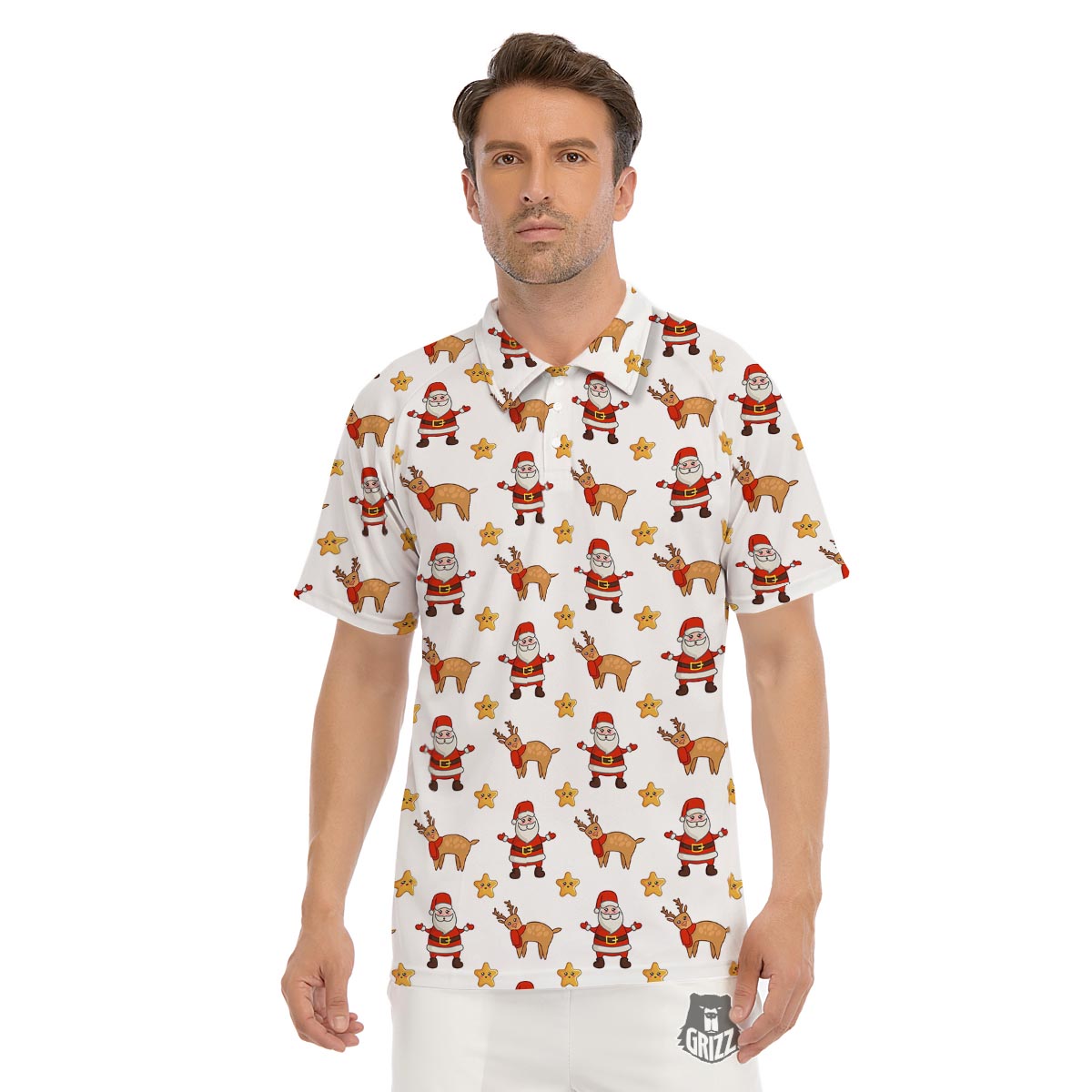 Emoji Reindeer And Santa Claus Print Pattern Men's Golf Shirts-grizzshop