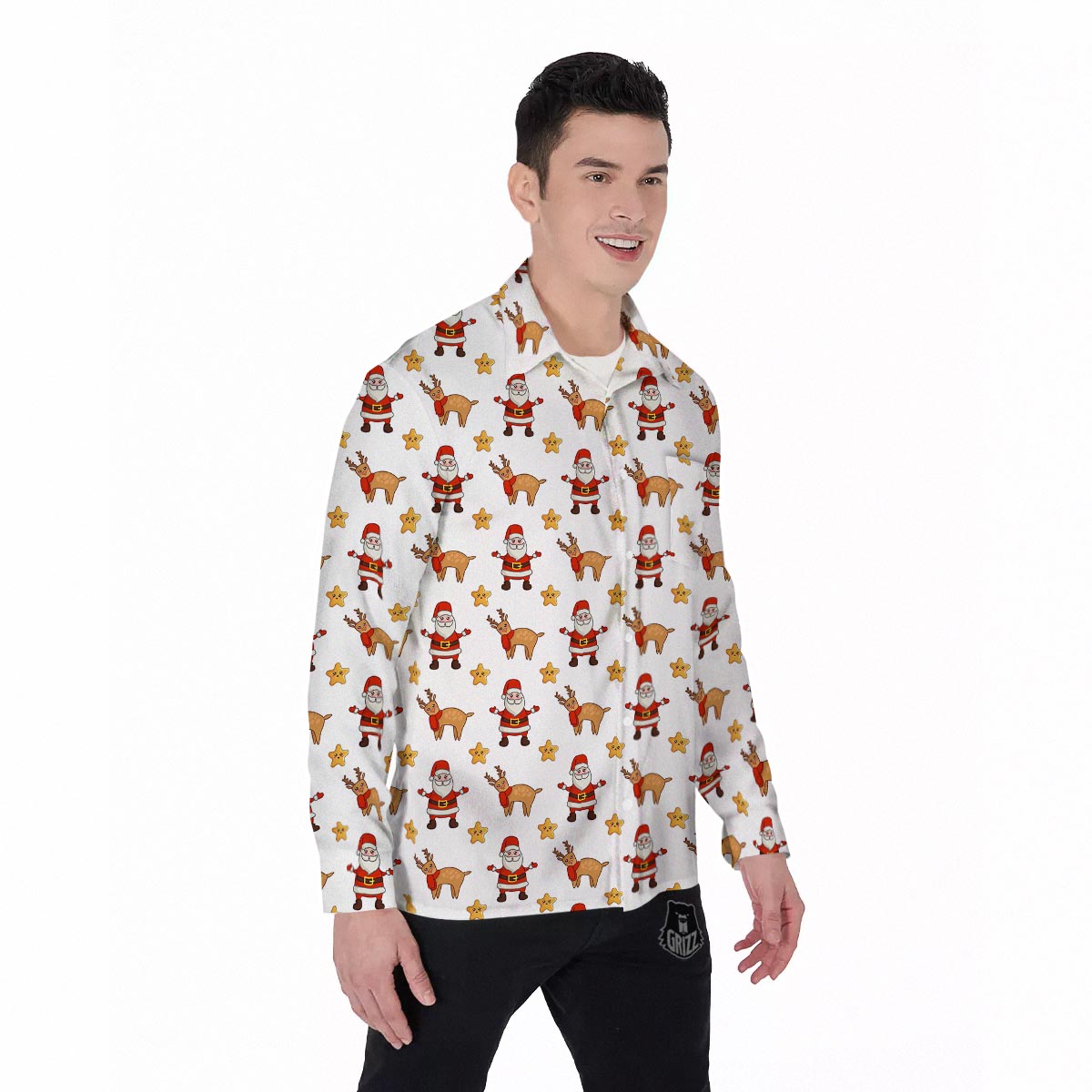 Emoji Reindeer And Santa Claus Print Pattern Men's Long Sleeve Shirts-grizzshop