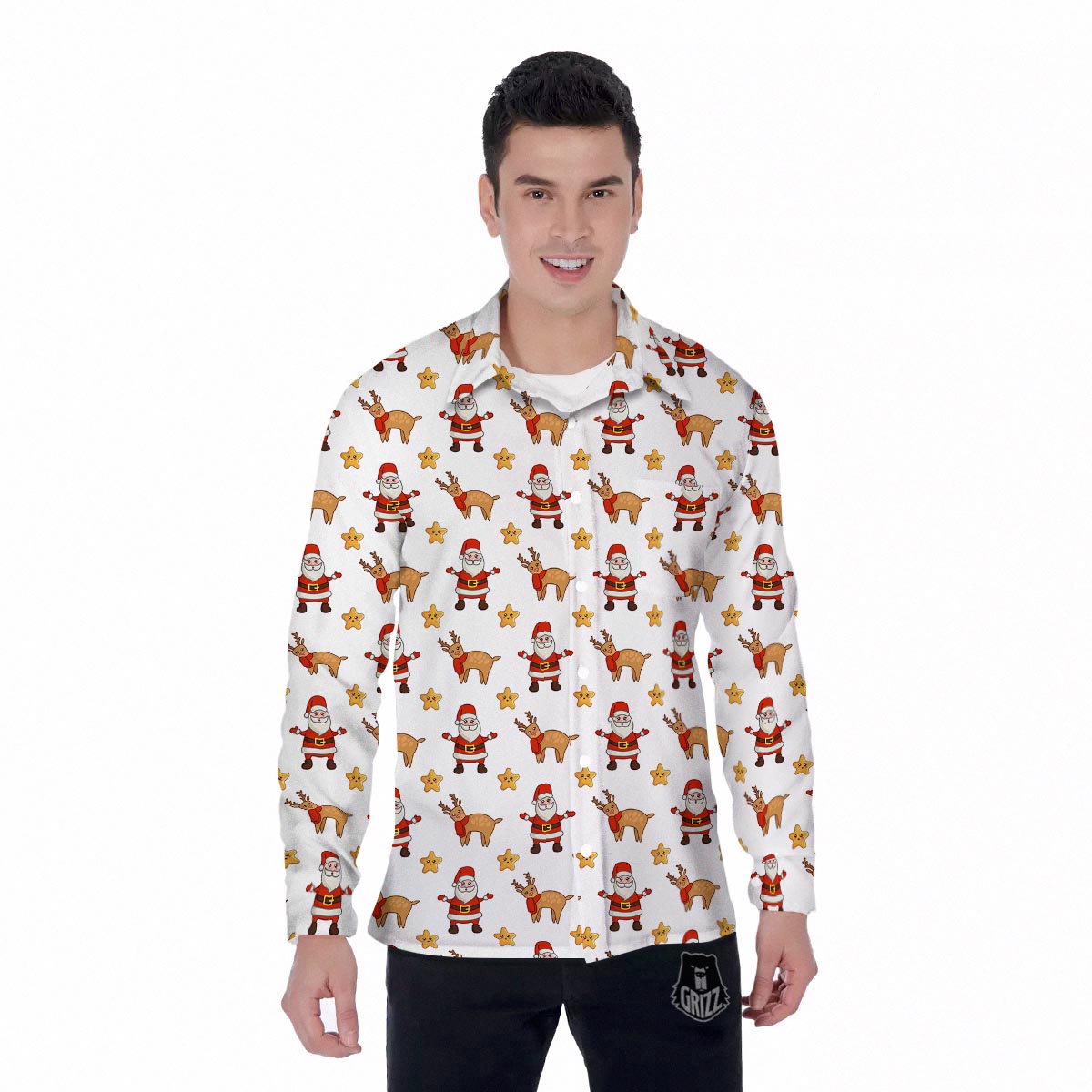 Emoji Reindeer And Santa Claus Print Pattern Men's Long Sleeve Shirts-grizzshop