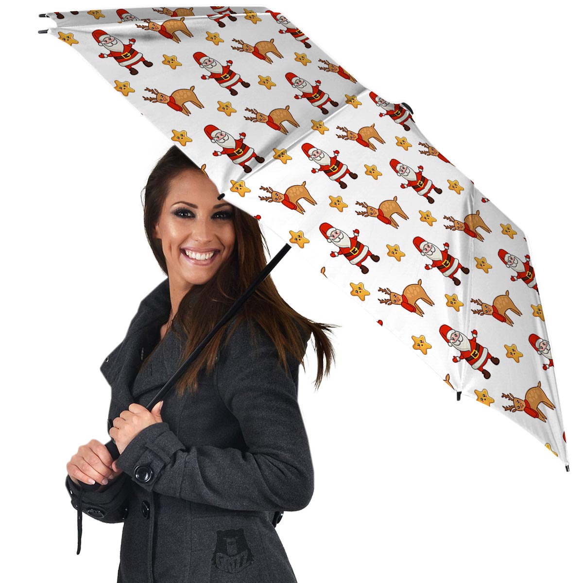 Emoji Reindeer And Santa Claus Print Pattern Umbrella-grizzshop