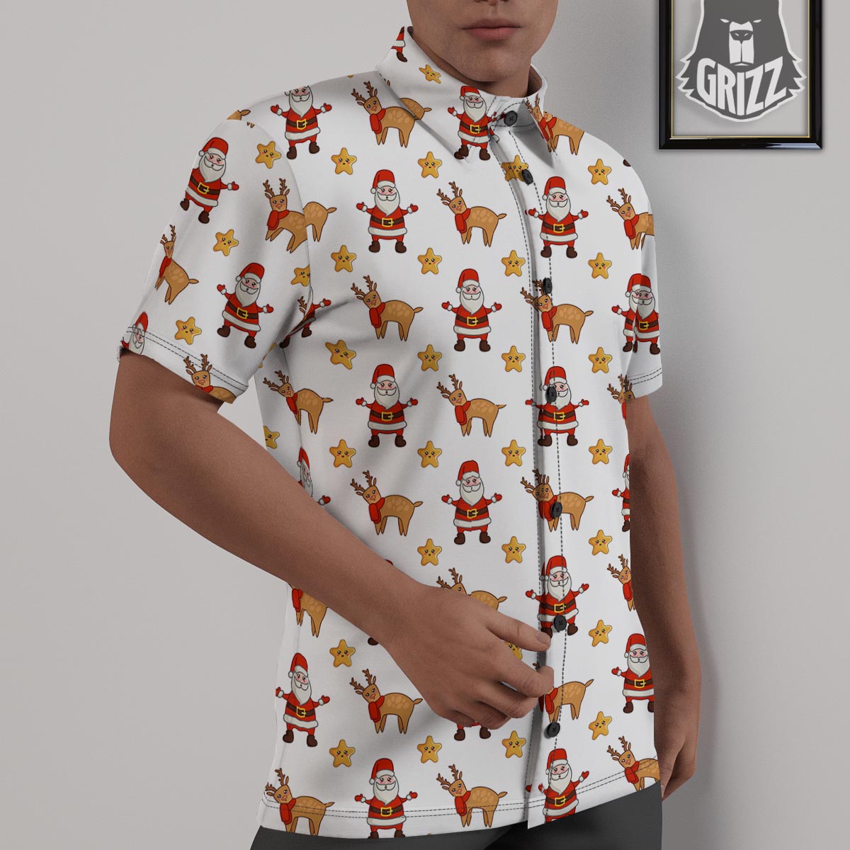 Emoji Reindeer And Santa Claus Print Pattern Untucked Shirts-grizzshop