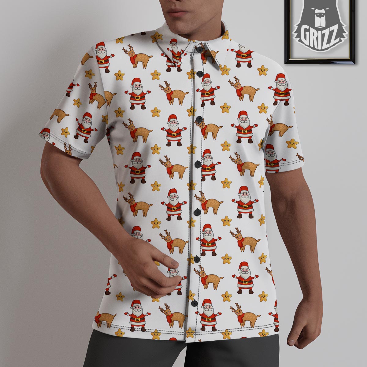Emoji Reindeer And Santa Claus Print Pattern Untucked Shirts-grizzshop