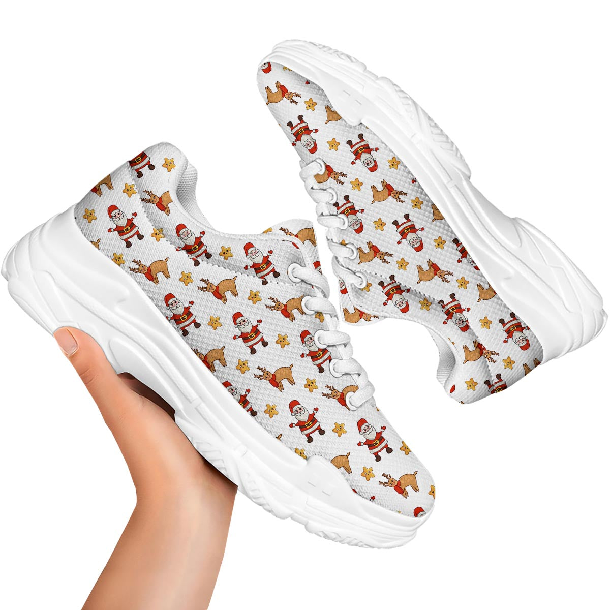Emoji Reindeer And Santa Claus Print Pattern White Chunky Shoes-grizzshop