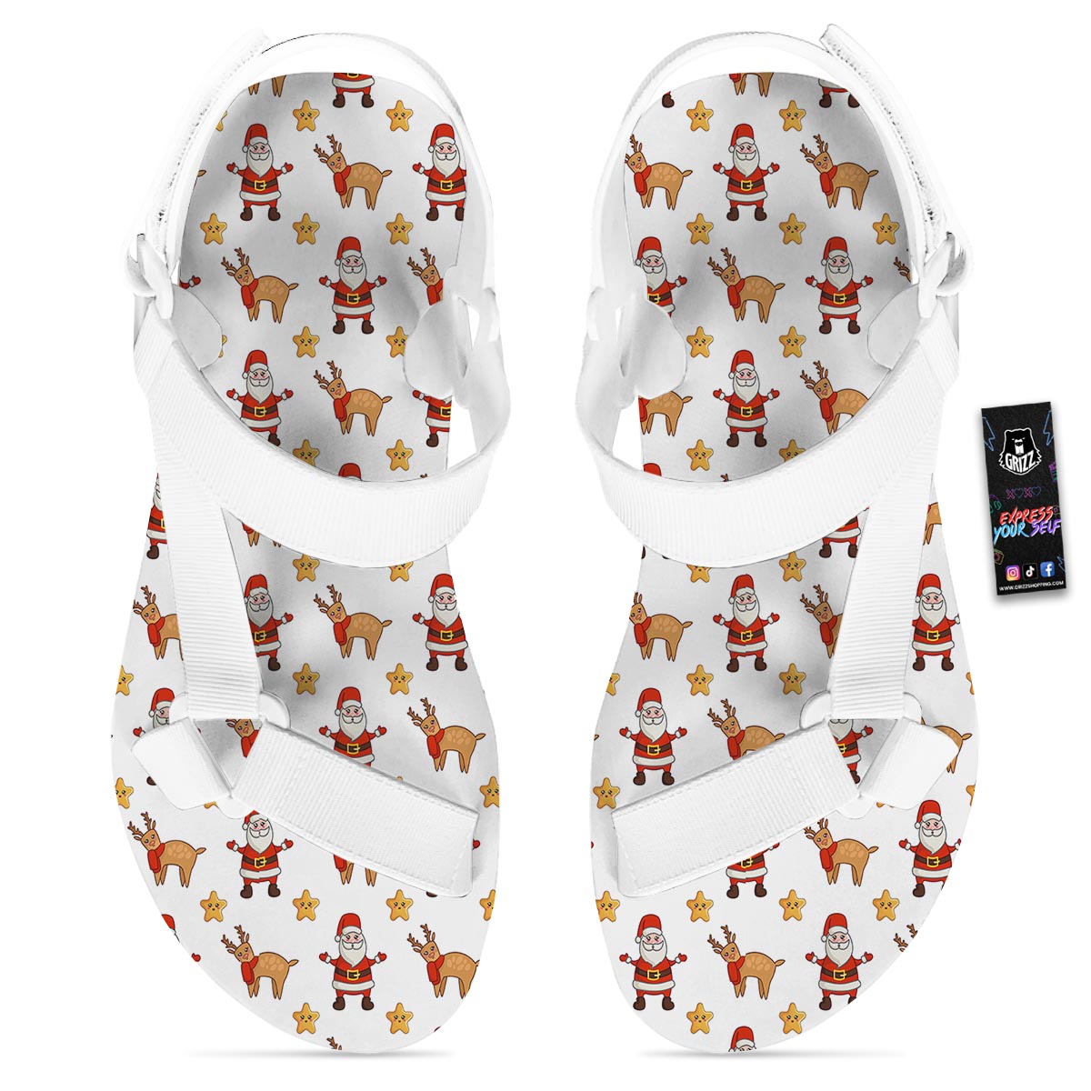 Emoji Reindeer And Santa Claus Print Pattern White Open Toe Sandals-grizzshop