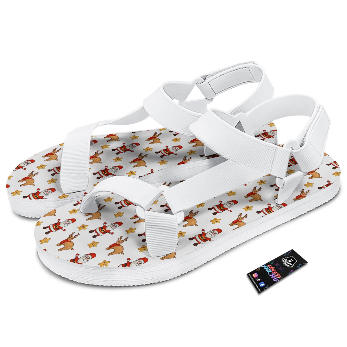 Emoji Reindeer And Santa Claus Print Pattern White Open Toe Sandals-grizzshop