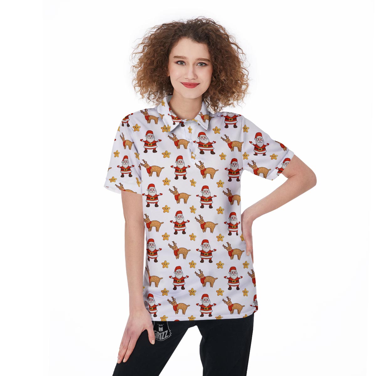 Emoji Reindeer And Santa Claus Print Pattern Women's Golf Shirts-grizzshop