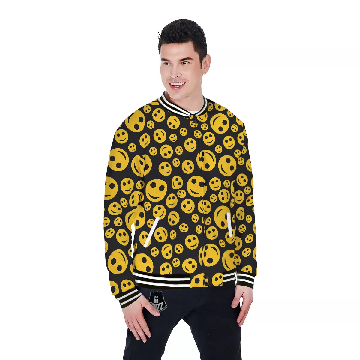 Emoji Smiley Faces Print Pattern Baseball Jacket-grizzshop
