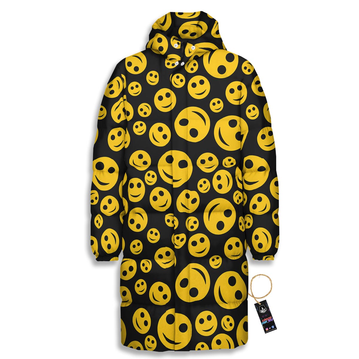 Emoji Smiley Faces Print Pattern Long Down Jacket-grizzshop