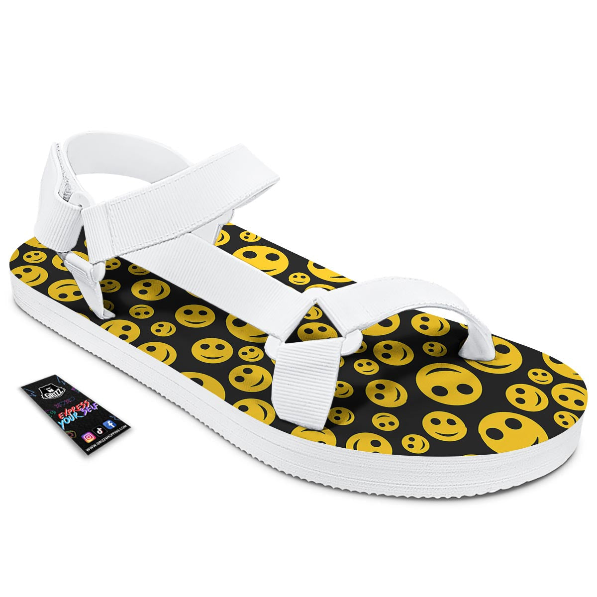 Emoji Smiley Faces Print Pattern White Open Toe Sandals-grizzshop
