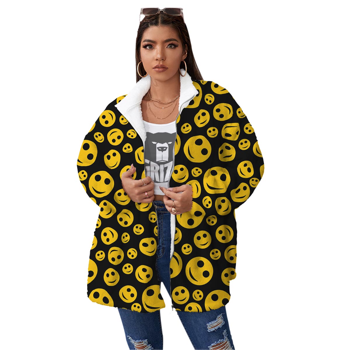 Emoji Smiley Faces Print Pattern Women's Sherpa Jacket-grizzshop