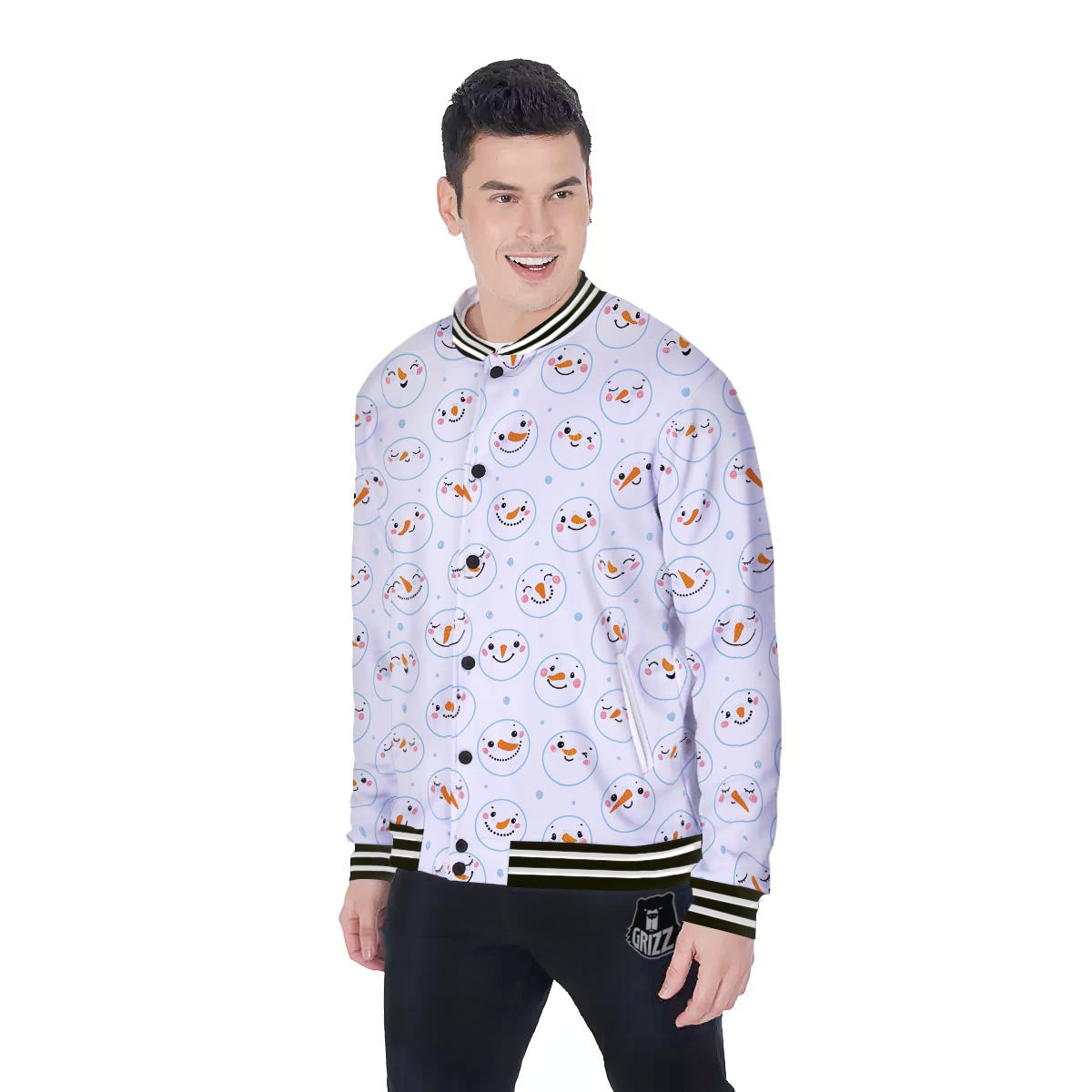 Emoji Snowman Print Pattern Baseball Jacket-grizzshop