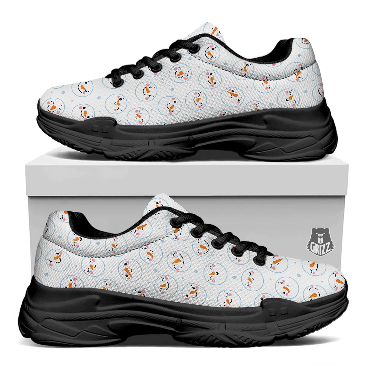 Emoji Snowman Print Pattern Black Chunky Shoes-grizzshop