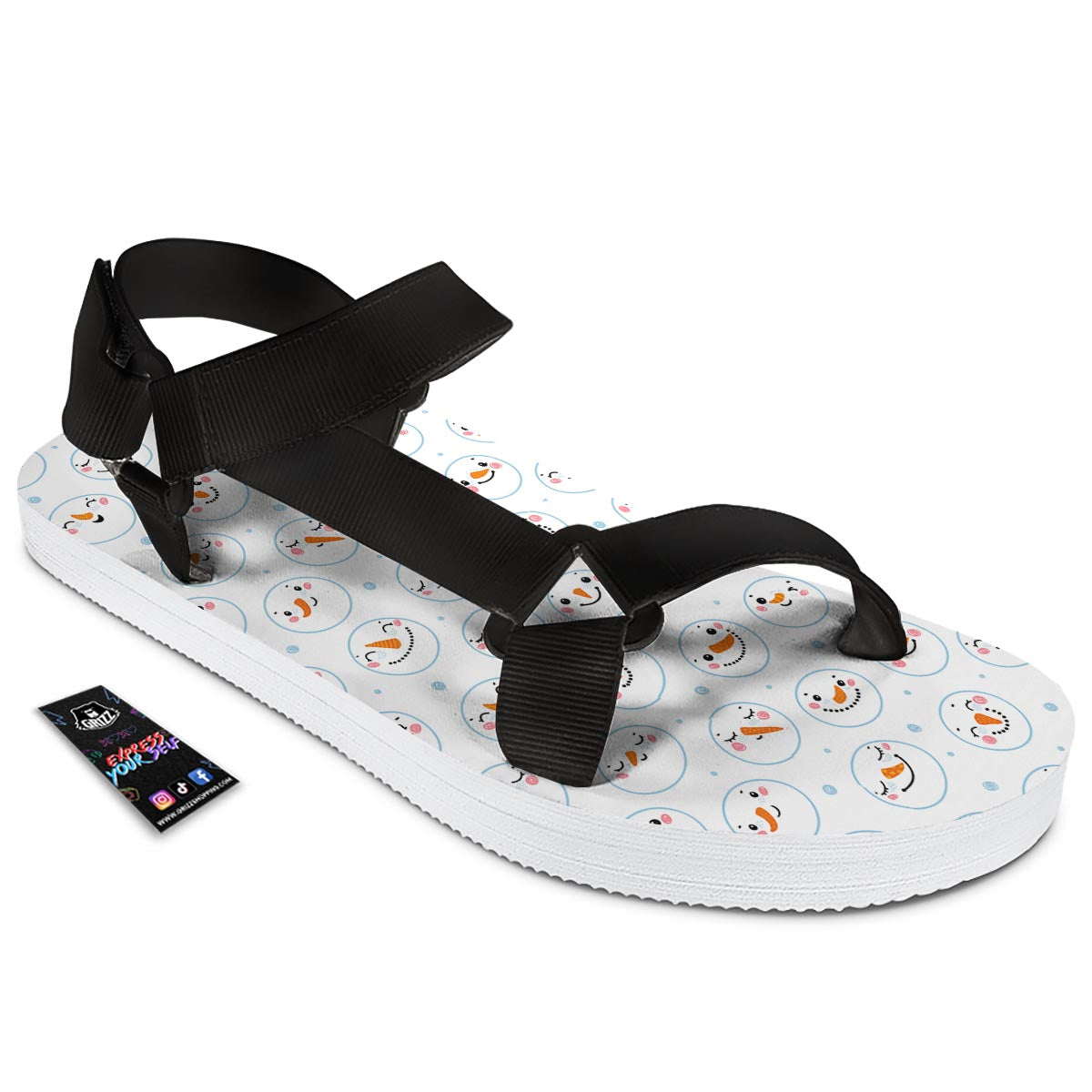 Emoji Snowman Print Pattern Black Open Toe Sandals-grizzshop