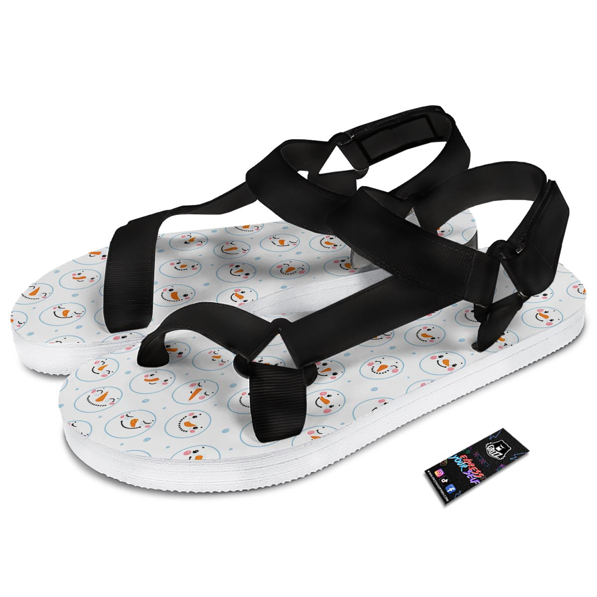 Emoji Snowman Print Pattern Black Open Toe Sandals-grizzshop