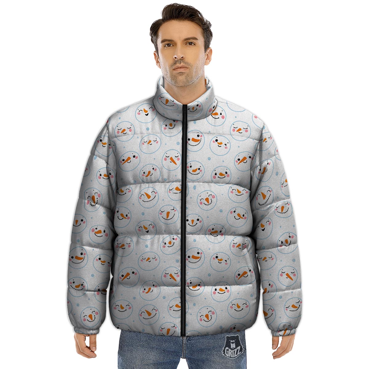 Emoji Snowman Print Pattern Puffer Jacket-grizzshop
