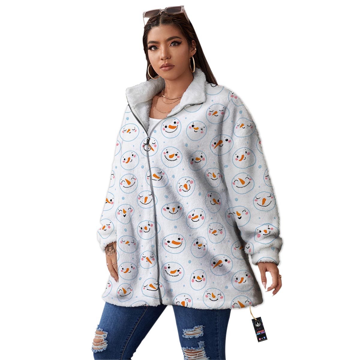 Emoji Snowman Print Pattern Women's Sherpa Jacket-grizzshop