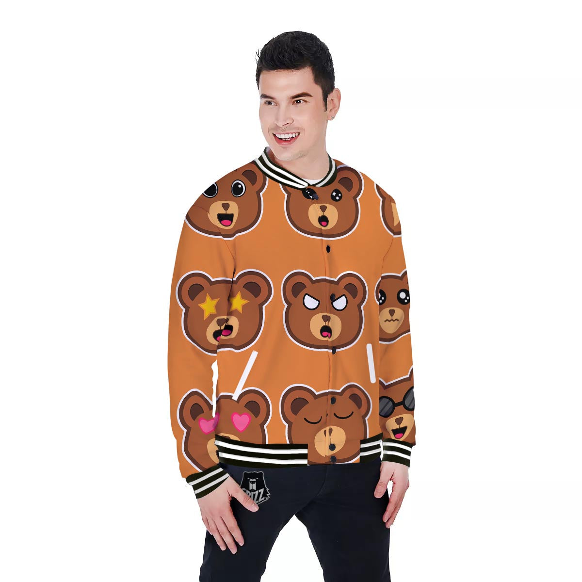 Emoji Teddy Bear Print Baseball Jacket-grizzshop
