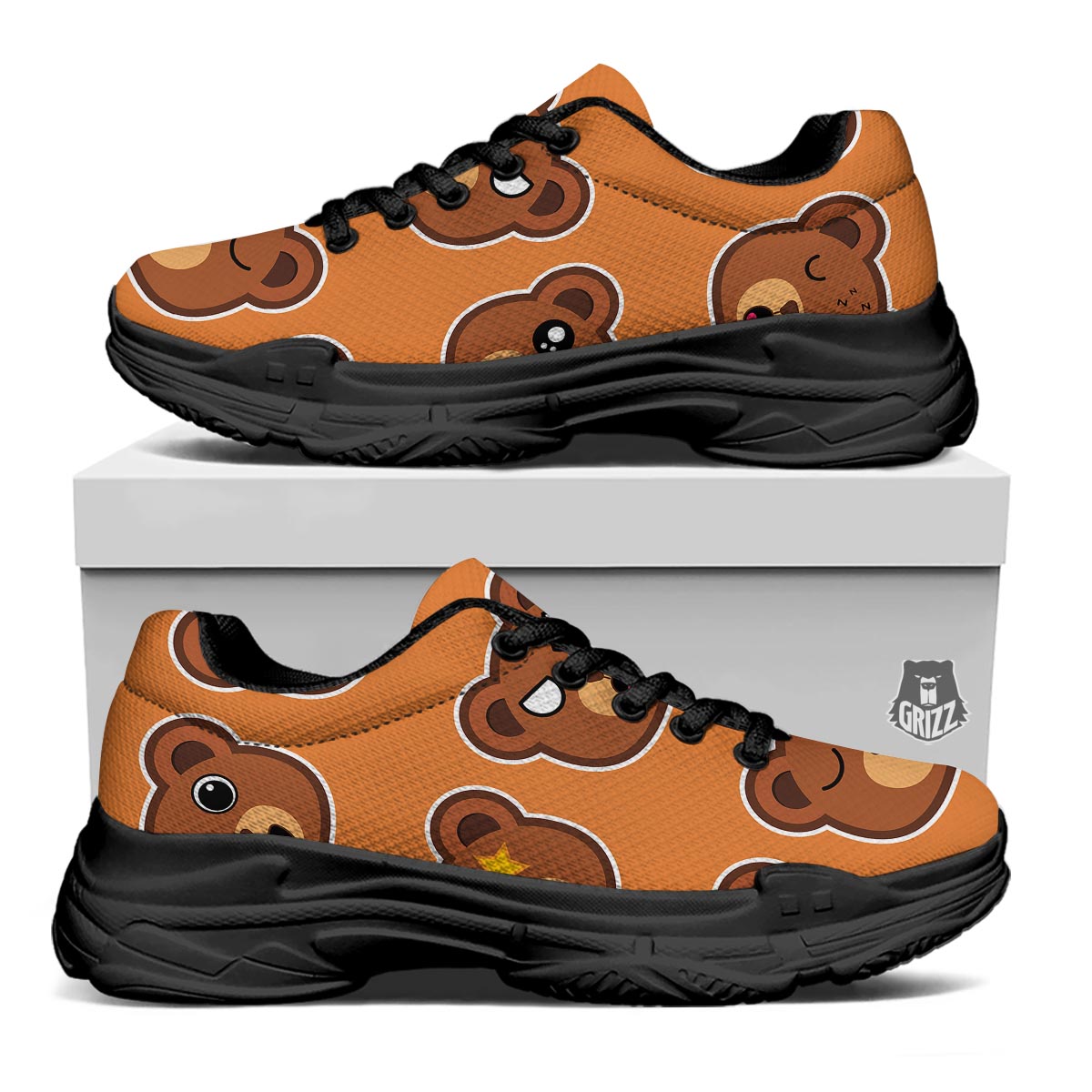 Emoji Teddy Bear Print Black Chunky Shoes-grizzshop